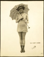 Woman in One-Piece Bathing Suit Holding Parasol, Mack Sennett Bathing Beauty, circa 1920