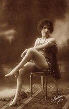 Woman Sitting in Chair in Sheer Lingerie, Portrait, French Postcard by Lydia, circa 1910's