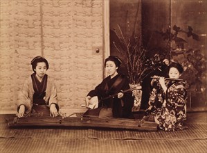 Three Japanese Women With Musical Instruments, Hand-Colored Photograph, circa 1880