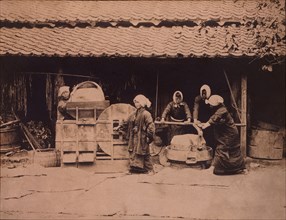 Japanese Workers Rounding and Cleaning Rice, Japan, circa 1910