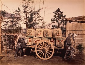 Men Pushing Cart Piled with Goods, Japan, circa 1870