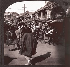 Crowded Street Scene, Yokohama, Japan, Single Image of Stereo Card, circa 1905