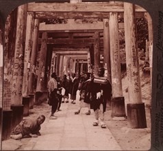 Group of People at Shinto Temple of Inari, Kyoto, Japan, Single Image of Stereo Card, circa 1904