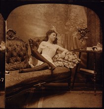Partially Nude Woman in Lingerie and Stockings Posing on Sofa, Single Image of Stereo Card, circa 1900