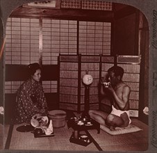 Man Eating Evening Meal at Inn, near Hiroshima, Japan, Single Image of Stereo Card, circa 1904