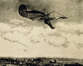 Otto Lilienthal During his Fatal Flight in Glider, Stollen, Germany, Contemporary Woodcut, August 9, 1896