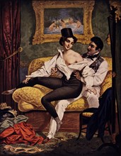 Partially Nude Woman Sitting on Man's Lap on Sofa, Chromolithograph, Nicolas-Eustache Maurin, 1830