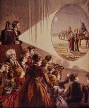 Crowd Watching Magic Lantern Show Depicting Three Wise Men, Illustration, circa 1895