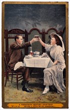 Couple in Restaurant Toasting Each Other With Wine Glasses, "A Twentieth Century Courtship", circa 1901