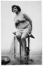 French Lingerie Model Sitting on Stool, circa 1920