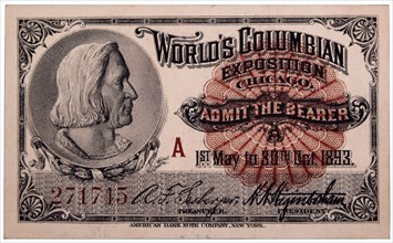 Christopher Columbus Engraving, Ticket to World's Columbian Exposition, Chicago, Illinois, 1893