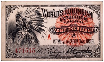 Native American Engraving, Ticket to World's Columbian Exposition, Chicago, Illinois, 1893