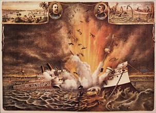 Destruction of Battleship Maine in Havana Harbor, February 15, 1898 With Head-and-Shoulders Portraits of Admiral Sicard and Captain Sigsbee, Chromolithograph, Kurz and Allison, 1898
