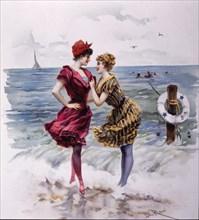 Two Women in Bathing Costumes at the Beach, Illustration by Julius Rossi, Truth Magazine, 1893