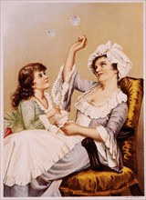 Mother and Daughter Blowing Bubbles, Lithograph, Gast Art Press, 1891