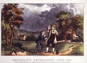 Franklin's Experiment, June 1752, Benjamin Franklin Demonstrating the Identity of Lightning and Electricity, Lithograph, Currier & Ives, 1876