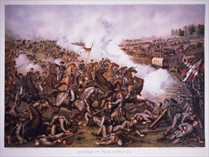 Battle of Five Forks, VA, The Charge of General Sheridan, April 1, 1865, Lithograph, Kurz & Allison, 1886