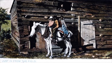 Three Boys on Horse in Front of Log Barn, 1908