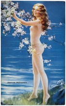 Sexy Nude Woman Admiring Tree Blossoms, "Feminine Propaganda", Mutoscope Card, 1940's