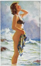 Partially Nude Woman Standing on Beach, "Free as the Breeze", Mutoscope Card, 1940's