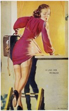Sexy Woman with Suitcase Climbing out of Window onto Ladder, "A Lad-Her Problem", Mutoscope Card, 1940's