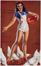 Sexy Woman in Overall Shorts Feeding Chickens, "It's Corn But They Love It",  Mutoscope Card, 1940's
