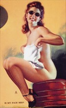 Sexy Nude Woman in Sunglasses Holding Towel in Front of Breasts, "Is My Face Red?, Mutoscope Card, 1940's