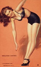Sexy Woman in Two-Piece Bathing Suit Stretching, "Inflation Control", Mutoscope Card, 1940's