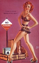 Sexy Woman in Black Lingerie and High Heels Standing Next to Stack of Luggage and No Parking Sign, I Got a Little Behind in my Rent", Mutoscope Card, 1940's