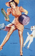 Sexy Woman Tangled in Dog Leash While Holding Gift Boxes, "Help Wanted", Mutoscope Card, 1940's
