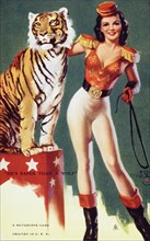 Sexy Female Animal Tamer with Tiger, "He's Safer Than a Wolf", Mutoscope Card, 1940's