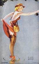 Sexy Woman With Fish Hook Caught on Skirt, "A Good Hookup", Mutoscope Card, 1940's