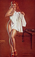 Sexy Nude Woman Holding Doctor's White Coat Against Her, "The Doctor's Holding Me For Observation", Mutoscope Card, 1940's