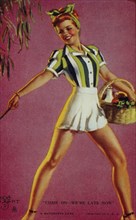Sexy Woman Carrying Picnic Basket, "Come on, We're Late Now", Mutoscope Card, 1940's