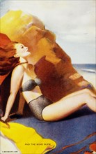 Sexy Woman Sitting on Beach in Bathing Suit With Hair Blowing in Wind, "And The Wind Blew", Mutoscope Card, 1940's