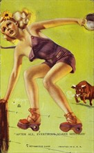 Sexy Woman Climbing Over Barbed Wire Fence to Escape a Bull, "After All, Everybody Makes Mistakes", Mutoscope Card, 1940's