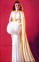Sexy Woman Wearing Formal White Gown and Hand Muff, "The Lady is Waiting", Mutoscope Card, 1940's