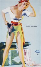 Sexy Woman in Pirate Outfit with Handgun, "Profit and Lass", Mutoscope Card, 1940's