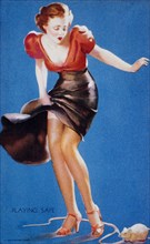 Sexy Woman Looking Down at Mouse, "Playing Safe", Mutoscope Card, 1940's