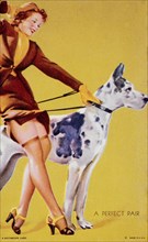 Sexy Woman Walking Large Great Dane, "A Perfect Pair", Mutoscope Card, 1940's