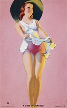 Sexy Woman Lifting Her Skirt, "A Pair of Peaches", Mutoscope Card, 1940's