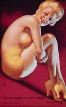 Sexy Woman Wearing Yellow Bathing Suit With Knees Brought into Chest, Oh, I'm Holding my Own, Thanks", Mutoscope Card, 1940's