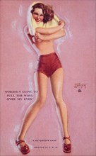 Sexy Woman Pulling Wool Shirt Over her Head, "Nobody's Going to Pull the Wool Over my Eyes", Mutoscope Card, 1940's