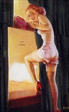 Sexy Woman in Lingerie Climbing into Railcar Top Bunk, Mutoscope Card, 1940's
