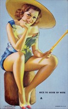 Sexy Woman Fishing, "Nice to Hook Up", Mutoscope Card, 1940's
