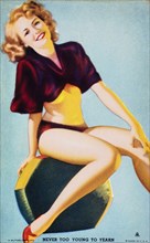 Sexy Woman in Revealing Clothes, Portrait, "Never too Young to Yearn",  Mutoscope Card, 1940's