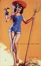 Sexy Woman in Overall Shorts and Hat Holding Pitchfork and First Place Ribbon, "My Calves took First Prize", Mutoscope Card, 1940's