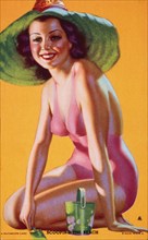 Sexy Woman Scooping Sand on Beach, " Scooping Sand on Beach", Mutoscope Card, 1940's