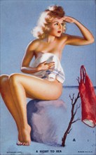 Sexy Woman Wearing Towel While Sitting on Rock on Beach and Looking out to Sea , "A Sight to Sea", Mutoscope Card, 1940's