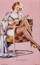 Sexy Woman in Lingerie Playing Ukulele, "Sitting Pretty", No. 1, Mutoscope Card, 1940's